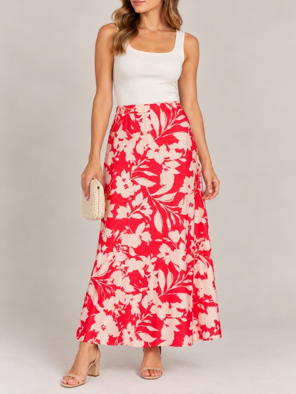 Vince Camuto Women’s Red/White Floral A-Line Midi Pull-On Skirt L